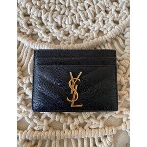 YSL Saint Laurent Grain De Poudre Matelasse Chevron Monogram Card Wallet Black
